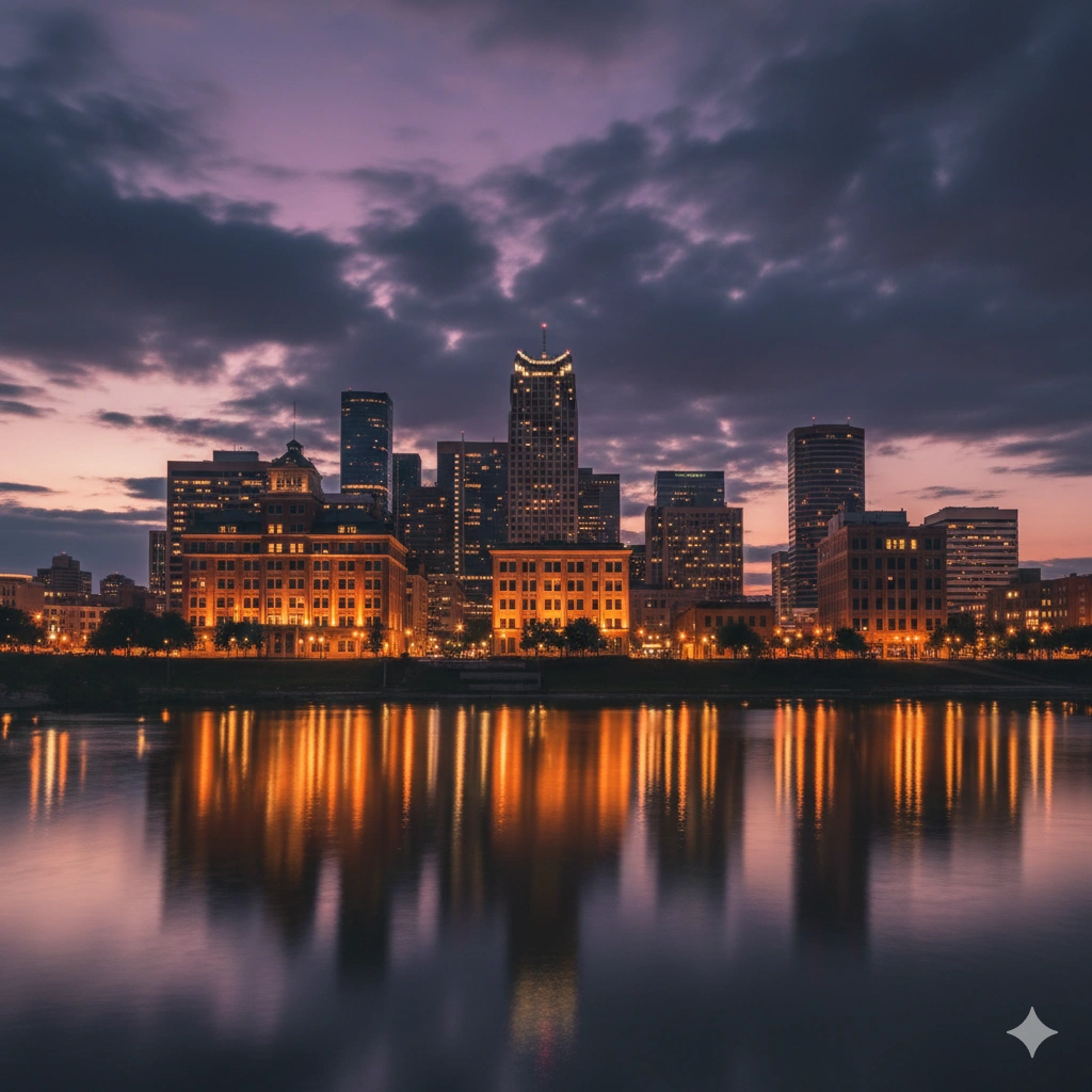 Fort Worth Texas skyline at dusk with historic buildings and warm amber lighting reflecting on water