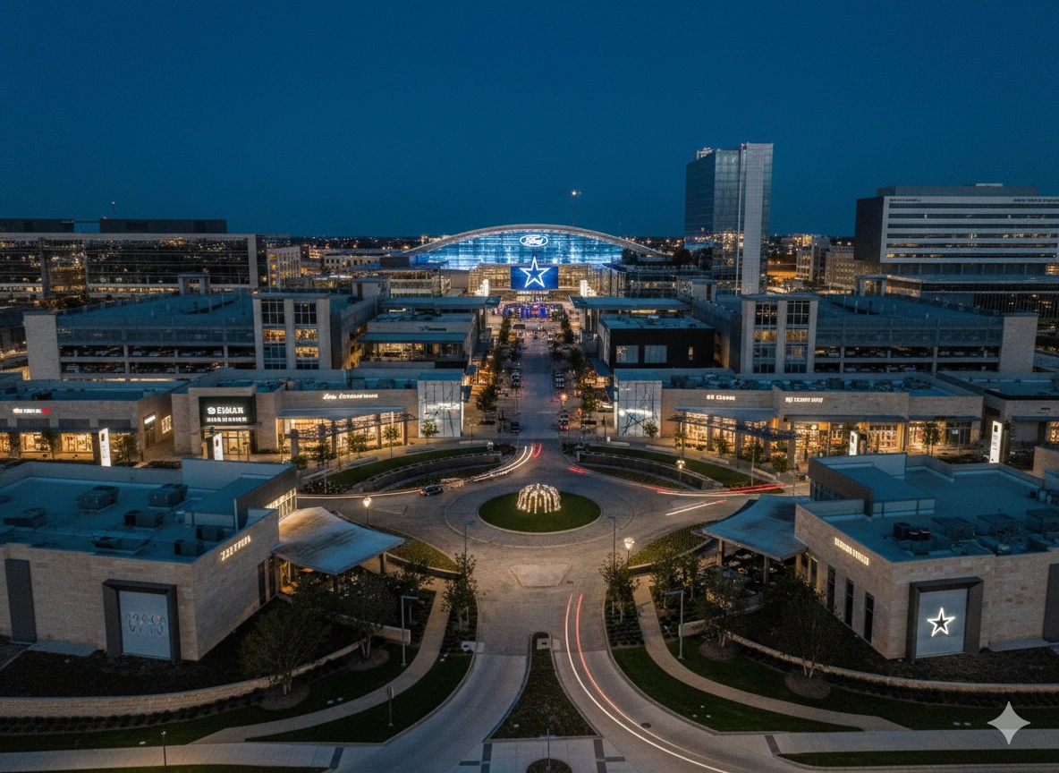 Aerial view of a large mixed-use commercial district in Frisco Texas at night with illuminated buildings, retail, and event venues