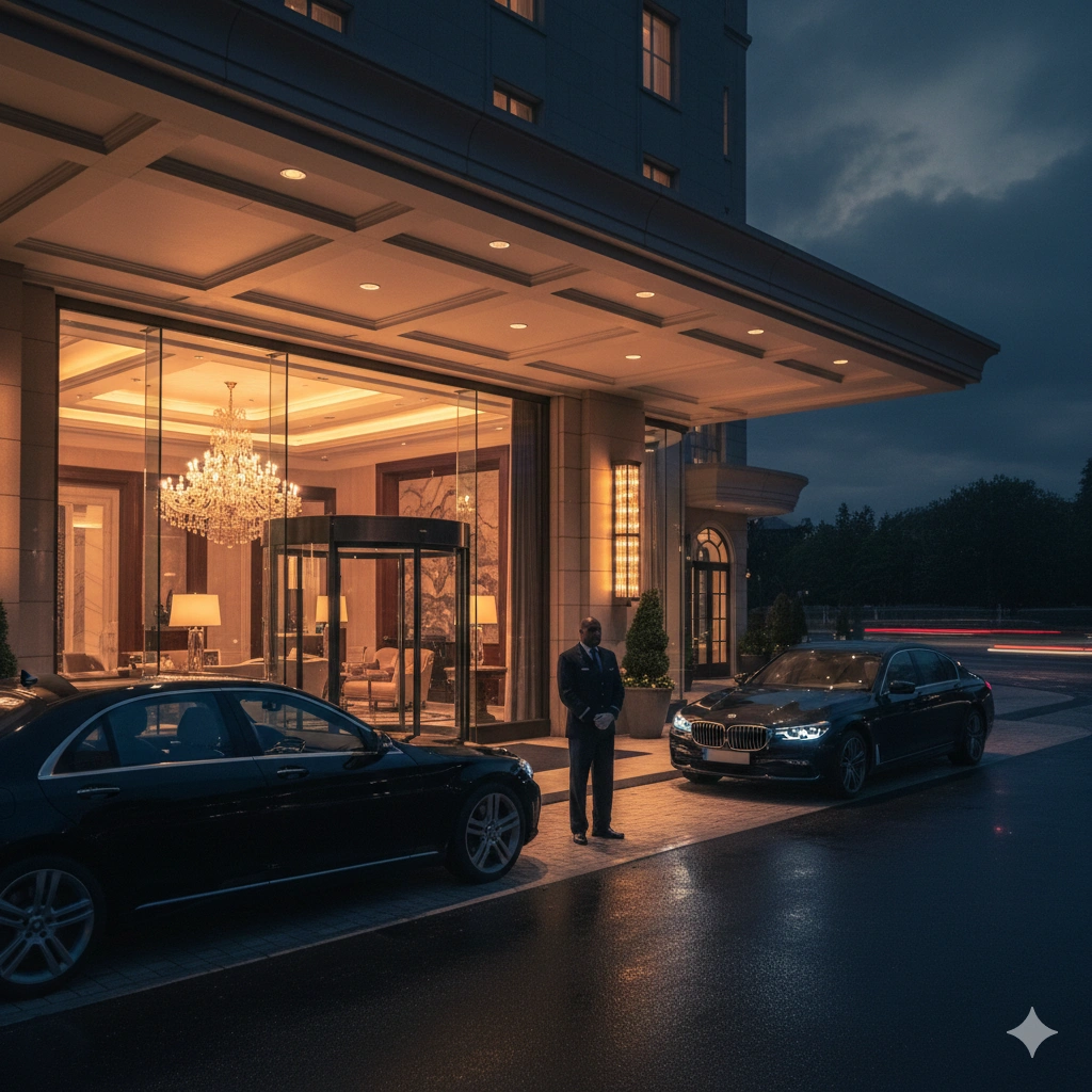 Security officer standing at upscale hotel entrance and porte-cochere at night with luxury vehicles in Dallas-Fort Worth