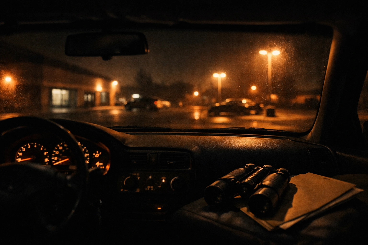 Private investigator conducting nighttime surveillance from vehicle with binoculars in Dallas-Fort Worth
