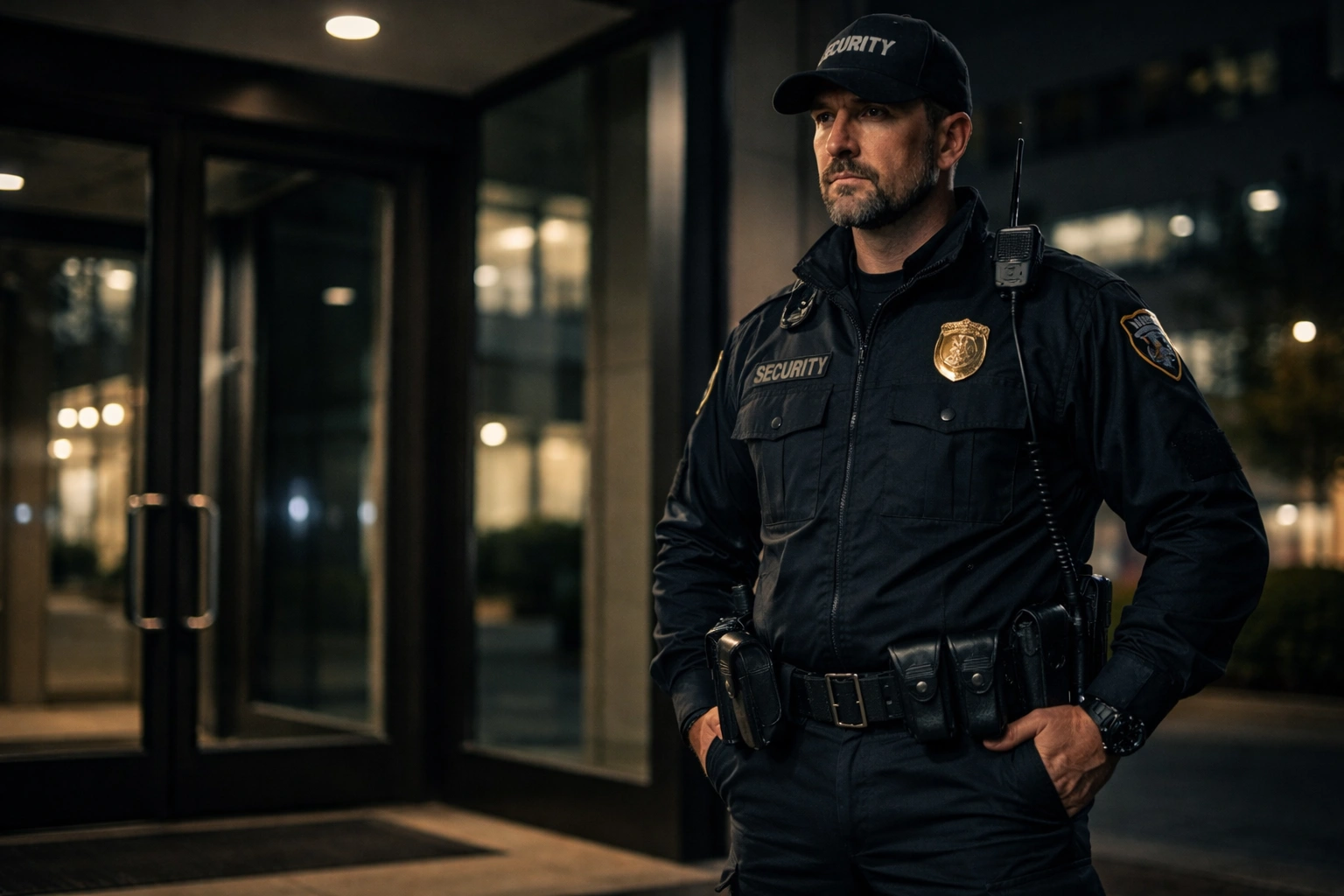Licensed armed security officer in tactical vest standing post outside commercial building at night in DFW