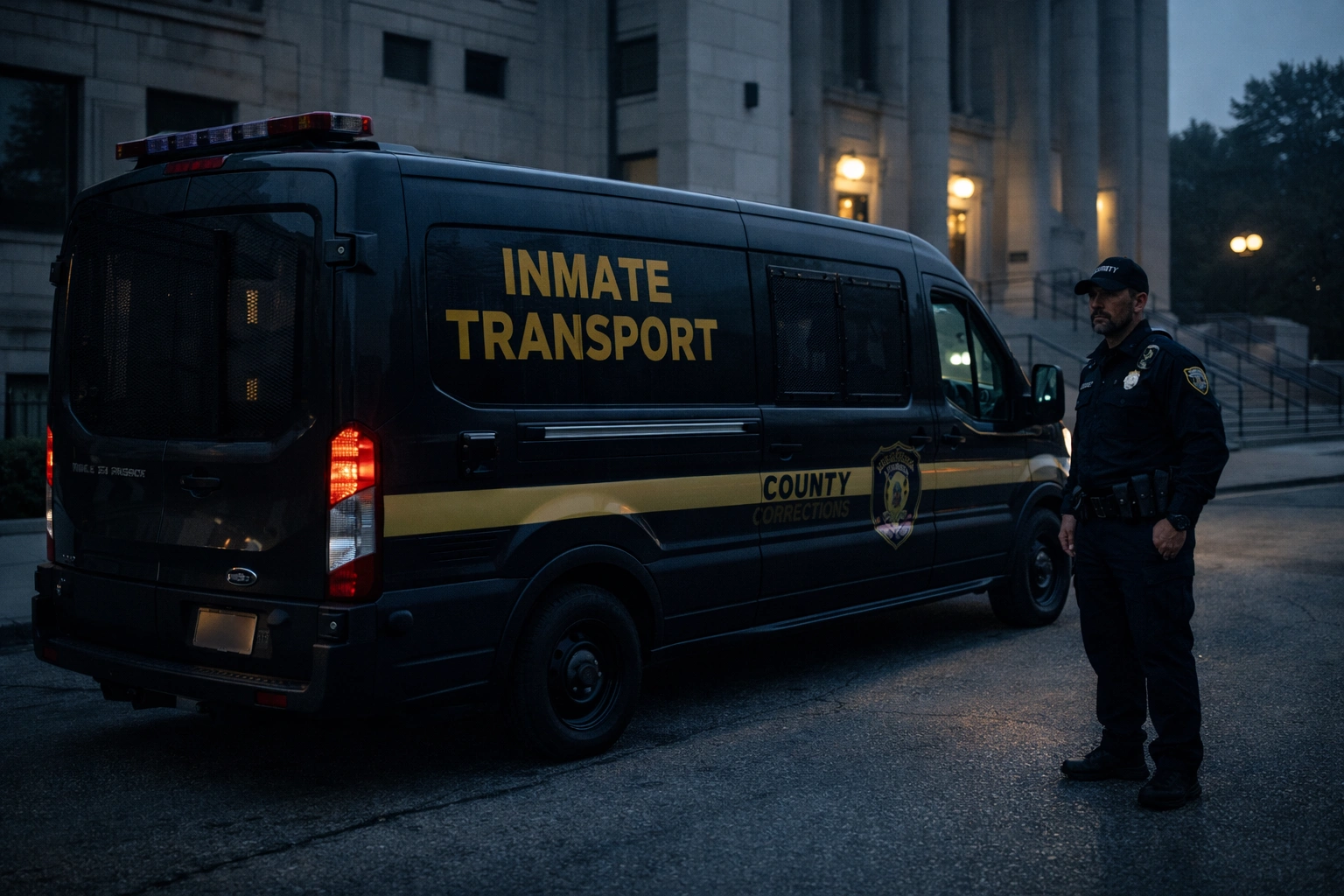 Secure prisoner transport vehicle parked outside courthouse at dusk for inmate transfer services in Texas