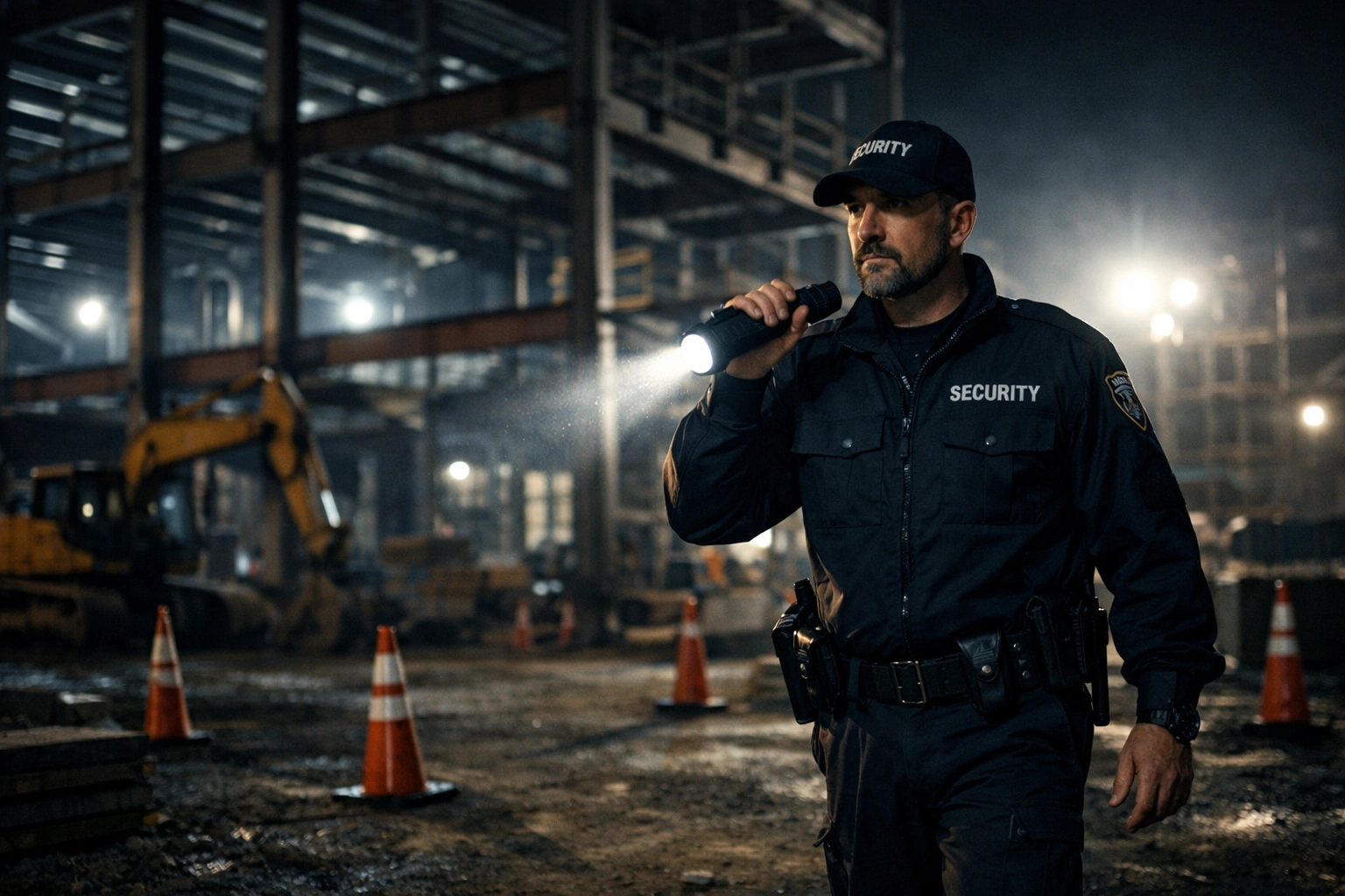 Security guard patrolling a construction site at night with flashlight near heavy equipment and safety cones in Dallas-Fort Worth